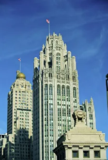 Prints of Tribune Tower, the 1920s Gothic skyscraper and home to the Chicago Tribune in downtown Chicago, and Hotel Intercontinental behind, Chicago, Illinois, USA, North America Gothic Architecture Prints: Chicago Tribune Print: Gothic Skyscraper and Hotel Intercontinental