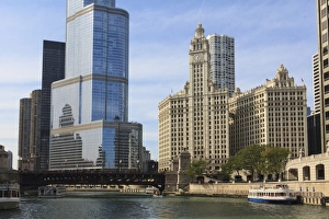 Trump Tower and the Wrigley Building by the Chicago River, Chicago, Illinois, United States of America, North America Trump Tower and the Wrigley Building by the Chicago River, Chicago, Illinois, United States of America, North America