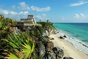 Tulum beach and El Castillo temple at ancient Mayan site of Tulum, Tulum Tulum beach and El Castillo temple at ancient Mayan site of Tulum, Tulum