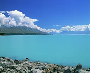 Turquoise blue glacial waters of Lake Tekapo in Canterbury, South Island Turquoise blue glacial waters of Lake Tekapo in Canterbury, South Island
