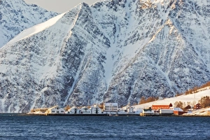 The typical fishing village of Hamnes framed by snowy peaks and the cold sea, Lyngen Alps The typical fishing village of Hamnes framed by snowy peaks and the cold sea, Lyngen Alps
