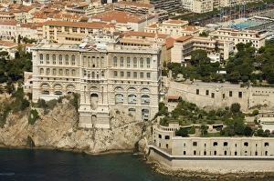 Mediterranean Waterfront Scene Prints: View from helicopter of Oceanography Museum, Monaco, Cote d Azur, Europe