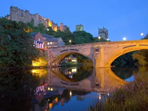 Prints of View to the illuminated castle and cathedral across the River Wear below Framwellgate Bridge, Durham, County Durham, England, United Kingdom, Europe County Durham Prints: Durham Castle and Cathedral Print, England