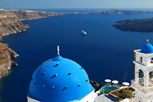 Aegean Sea Views Greece Prints: View from Imerovigli overlooking ocean, Santorini, Cyclades, Greek Islands, Greece, Europe