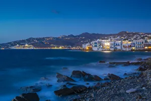 View of Little Venice and town at night, Mykonos Town, Mykonos, Cyclades Islands View of Little Venice and town at night, Mykonos Town, Mykonos, Cyclades Islands