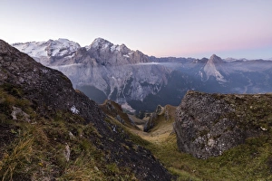 Italian Mountain Ranges Prints: View of the Marmolada mountain range at dawn, Cima Belvedere, Canazei, Val di Fassa