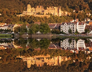 Neckar River View Germany Prints: View over the Neckar River to the castle at sunset, Heidelberg, Baden-Wurttemberg