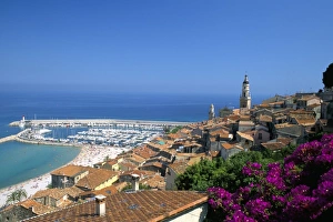 Provence Europe Travel Prints: View across old town rooftops to harbour, Menton, Alpes-Maritimes, Cote d Azur