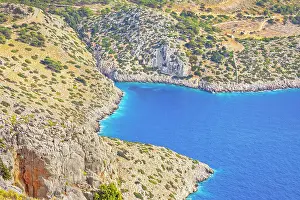Dodecanese Islands Greece Tourism Prints: View over Panormitis bay, Panormitis, Symi Island, Dodecanese Islands, Greece