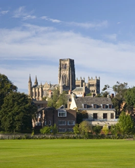 County Durham Landscape Photography Prints: View across riverside playing fields to the cathedral, Durham, County Durham