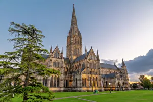 View of Salisbury Cathedral at dusk, Salisbury, Wiltshire, England, United Kingdom View of Salisbury Cathedral at dusk, Salisbury, Wiltshire, England, United Kingdom