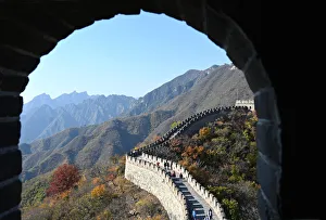 UNESCO World Heritage Site Beijing Prints: View through sentry post window, Great Wall of China, built 1368, Mutianyu section