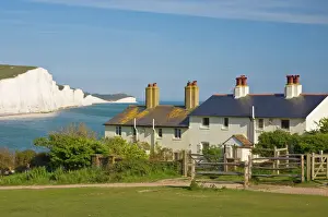 Prints of View of The Seven Sisters cliffs, the coastguard cottages on Seaford Head, South Downs Way, South Downs National Park, East Sussex, England, United Kingdom, Europe East Sussex Prints: View of The Seven Sisters cliffs, Seaford Head Print