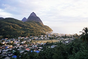 Contemporary Travel Destinations Prints: View over Soufriere and the Pitons in the background, St