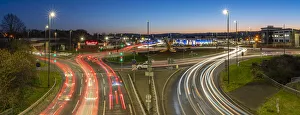 View of trail lights on Hornsbridge Roundabout at dusk, Chesterfield, Derbyshire, England, United Kingdom, Europe View of trail lights on Hornsbridge Roundabout at dusk, Chesterfield, Derbyshire, England, United Kingdom, Europe