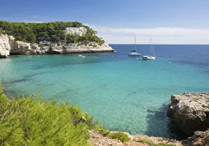 View over the turquoise waters of Cala Mitjana to pine-clad limestone cliffs View over the turquoise waters of Cala Mitjana to pine-clad limestone cliffs