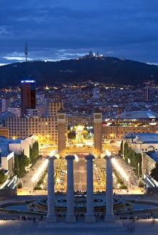 View at twilight from the steps to the Palau Nacional on Montjuic Hill over Barcelona View at twilight from the steps to the Palau Nacional on Montjuic Hill over Barcelona