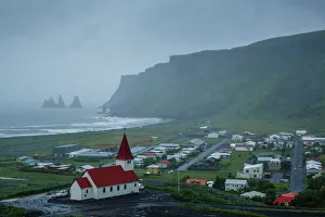 View over the village of Vik on a rainy day, Iceland, Polar Regions View over the village of Vik on a rainy day, Iceland, Polar Regions