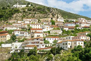 White Washed Buildings Europe Prints: View of whitewashed buildings on mountainside, village of Dhermi, Albania, Europe