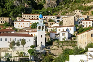 Mediterranean Architecture Photos Prints: View of whitewashed buildings on mountainside, village of Dhermi, Albania, Europe