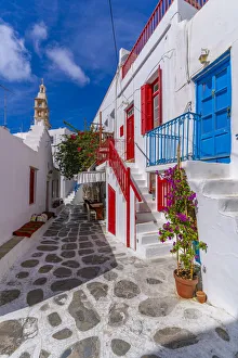 Cyclades Islands Map Prints: View of whitewashed cobbled street, Mykonos Town, Mykonos, Cyclades Islands