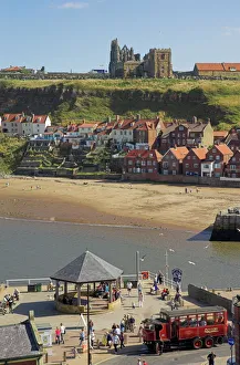 Prints of Whitby abbey, sandy beach and harbour, Whitby, North Yorkshire, Yorkshire, England, United Kingdom, Europe North Yorkshire Prints: Whitby Abbey Print featuring Harbour and Beach