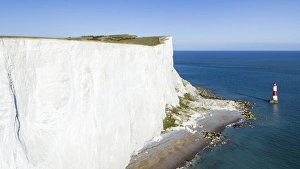English Coastline Scenery Prints: White chalk cliffs of Beachy Head and lighthouse