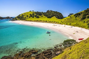 White sandy beach in the Waikare Inlet visited from Russell by sailing boat, Bay of Islands White sandy beach in the Waikare Inlet visited from Russell by sailing boat, Bay of Islands