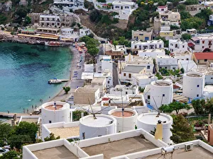 Dodecanese Greek Islands Prints: Windmills and Pandeli Beach, elevated view