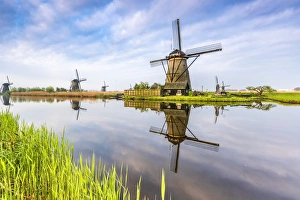 Windmills reflection on the canal and grass in the foreground, Kinderdijk, UNESCO Windmills reflection on the canal and grass in the foreground, Kinderdijk, UNESCO