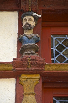 Detail of wood sculptures on the Keratry Mansion house dating from the 16th century, Old Town, Dinan, Brittany Detail of wood sculptures on the Keratry Mansion house dating from the 16th century, Old Town, Dinan, Brittany