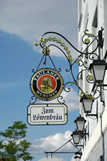 Wrought iron sign advertising Paulaner and Lowenbrau beer, Wolfrathausen Wrought iron sign advertising Paulaner and Lowenbrau beer, Wolfrathausen