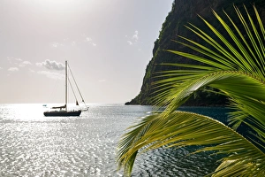 Yacht moored close to the base of Petit Piton, UNESCO World Heritage Site, near Sugar Yacht moored close to the base of Petit Piton, UNESCO World Heritage Site, near Sugar
