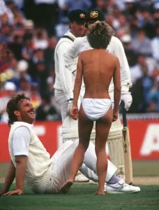 1989 Ashes 4th Test Print: Ian Botham with Female Streaker at Old Trafford