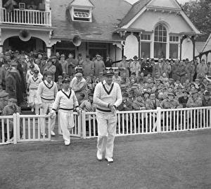 Don Bradman leads his Australia team out for the first game of their 1948 tour of England Don Bradman leads his Australia team out for the first game of their 1948 tour of England