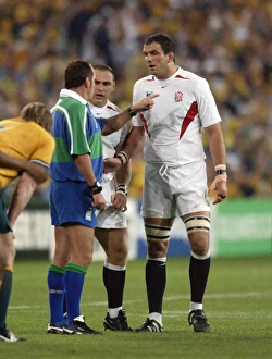 England captain Martin Johnson and referee Andre Watson exchange words during the 2003 England captain Martin Johnson and referee Andre Watson exchange words during the 2003