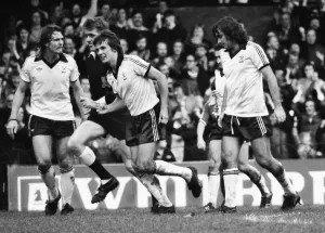 George Best Prints: Terry Bullivant celebrates a goal with George Best, Print