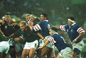 Francois Pienaar holds the line in the rain at the 1995 Rugby World Cup semi-final Francois Pienaar holds the line in the rain at the 1995 Rugby World Cup semi-final