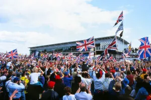 + The home fans celebrate Nigel Mansells win at the 1992 British Grand Prix + The home fans celebrate Nigel Mansells win at the 1992 British Grand Prix