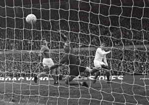 Leeds Mick Jones shoots at Everton goalkeeper Gordon West in the 1968 FA Cup Leeds Mick Jones shoots at Everton goalkeeper Gordon West in the 1968 FA Cup