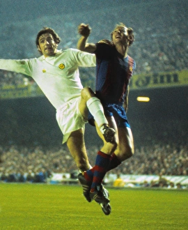Leeds Uniteds Norman Hunter challenges for the ball at the Nou Camp during the 1975 Leeds Uniteds Norman Hunter challenges for the ball at the Nou Camp during the 1975