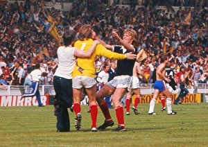 Scotland goalkeeper Alan Rough celebrates with teammate Gordon McQueen after victory at Scotland goalkeeper Alan Rough celebrates with teammate Gordon McQueen after victory at