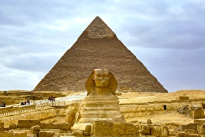 The Great Sphinx statue and the Pyramid of Khafre on the Giza Plateau, Cairo, Egypt The Great Sphinx statue and the Pyramid of Khafre on the Giza Plateau, Cairo, Egypt