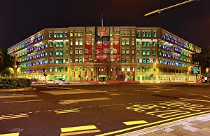 Rainbow coloured lights in the windows of the Old Hill Street Police Station housing the Rainbow coloured lights in the windows of the Old Hill Street Police Station housing the