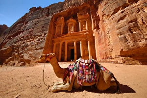View of the Treasury, Al-Khazneh with camels, Petra, Jordan View of the Treasury, Al-Khazneh with camels, Petra, Jordan