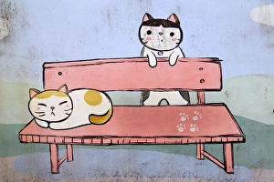 Cats on Bench Print - Chinese Cats at Rest