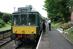 Diesel rail car at Crowcombe Heathfield station, Somerset, UK Diesel rail car at Crowcombe Heathfield station, Somerset, UK