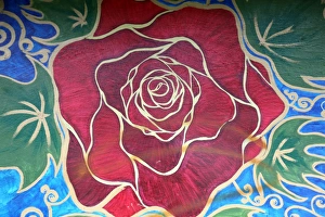 Red Rose Print - Full Bloom on Blue Background