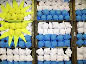 2010 World Cup Football Euphoria. Uruguay National Flag Fruit dispay in a Supermaket 2010 World Cup Football Euphoria. Uruguay National Flag Fruit dispay in a Supermaket