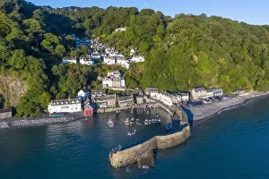 Aerial elevated view over Clovelly on the North Devon coast, Devon, United Kingdom Aerial elevated view over Clovelly on the North Devon coast, Devon, United Kingdom